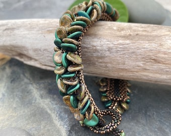 Rose Petal Bracelet;  Hand Woven Czech Glass Iridescent Emerald Green and Bronze Rose Petals, Peridot and Miyuki Beads