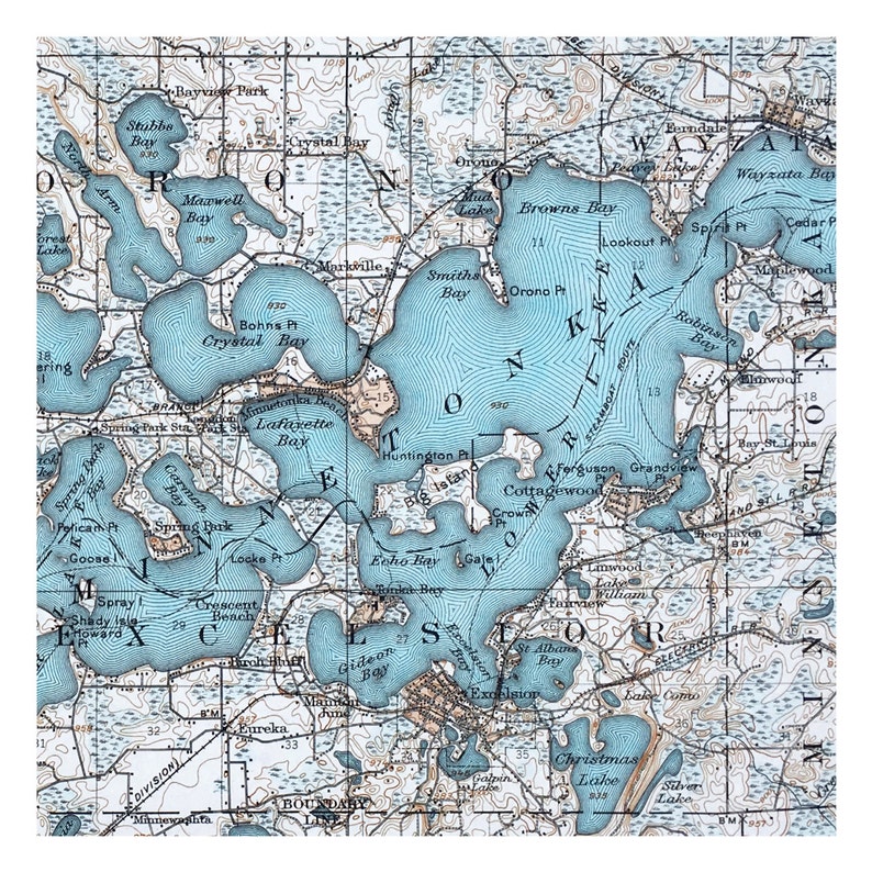 Hand Painted Map of Lake Minnetonka 1905 / Vintage ...