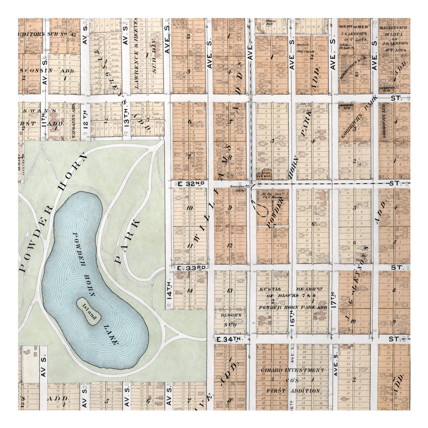 Hand Painted Map of Minneapolis 1903 / Powderhorn Park and Lake pic