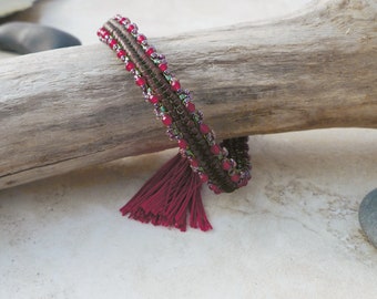 Bracelet / Ruby red agates are hand woven together with Japanese Miyuki Beads, Vintage Styling with Silk Tassel, Magnetic clasp, Art Deco