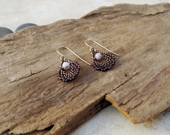 Earrings with Amethyst Gemstones are woven with Japanese Miyuki Beads in shades of Plum and Bronze, 14kt Gold-filled Wires