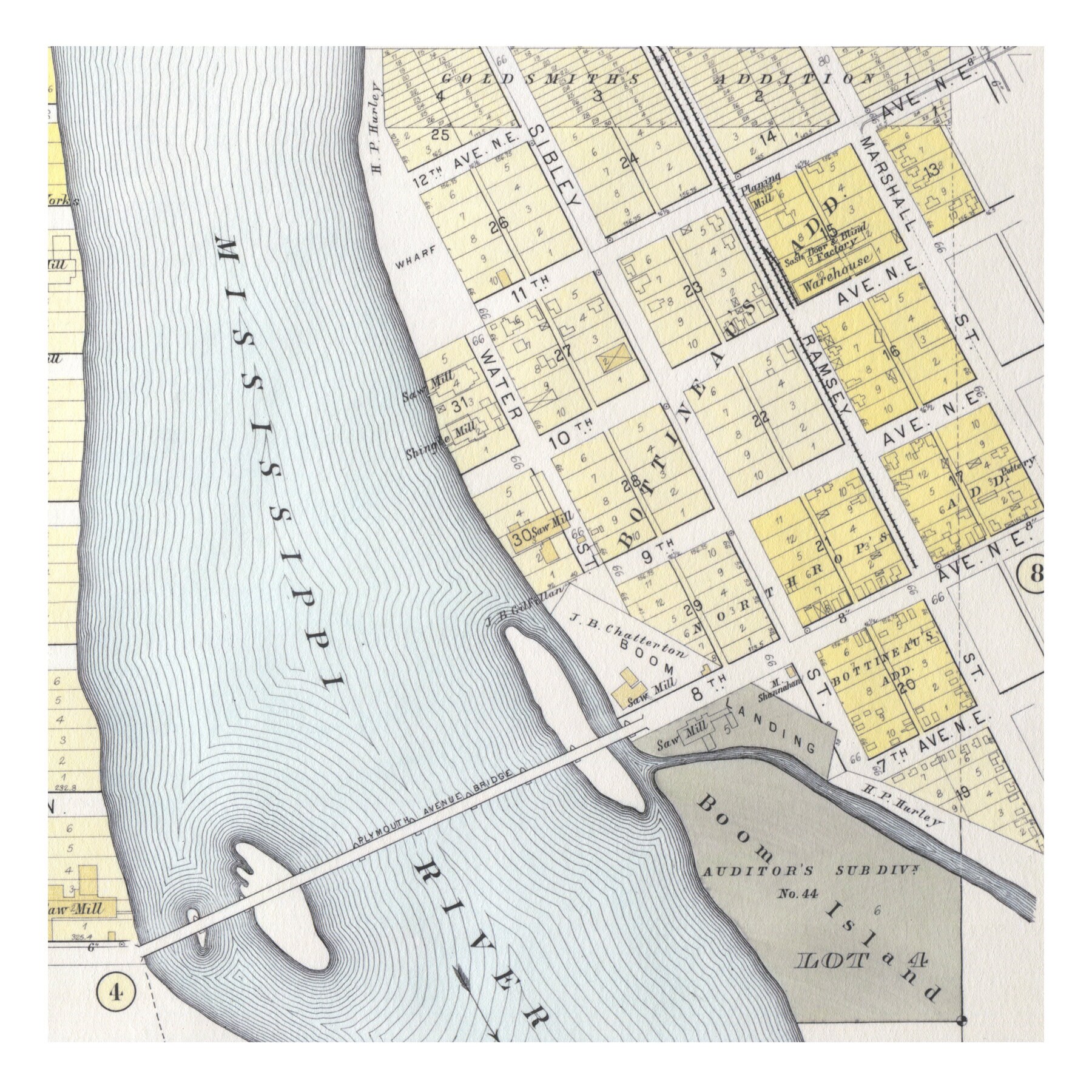 Hand Painted Map of Minneapolis, 1892 / Warehouse District