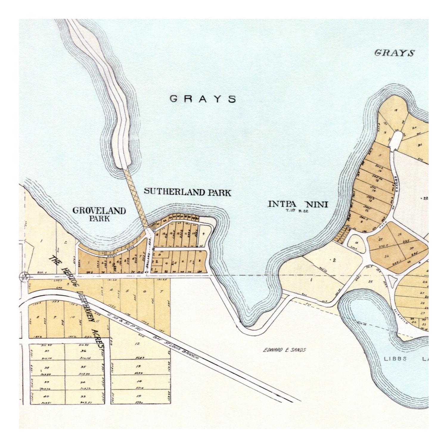 Hand Painted Map of Lake and Gray's Bay, 1913 / Vintage