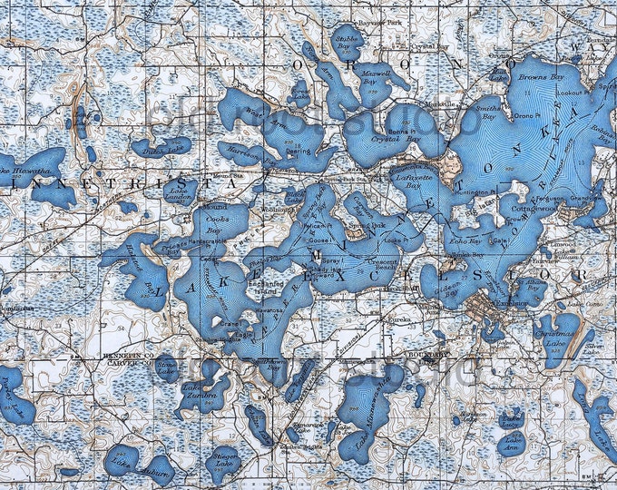Featured listing image: Hand Painted Map of Lake Minnetonka, 1905 / Vintage Minnetonka Map / Antique Minnetonka Map / Map Art / Old Map Minnetonka / Long Lake