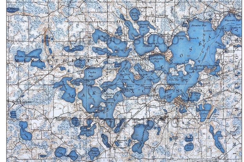 Hand Painted Map of Lake Minnetonka, 1905 / Vintage Minnetonka Map ...