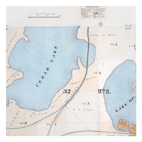 Hand Painted Map of store Minneapolis, 1885 / Lake of the Isles / Cedar Lake / Kenwood / Uptown / Minneapolis Lakes / Vintage Minneapolis Map Art