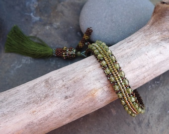 Hand Woven Bracelet with Peridot Gemstones and Antiqued Copper Japanese Glass Miyuki Beads / Vintage Styling with Silk Tassel / Art Deco
