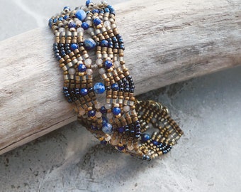 Hand Woven Bracelet with Lapis Lazuli, Smokey Quartz, Peach Moonstone and Miyuki Beads / 14kt Gold filled Clasp / Vintage Style / Art Deco