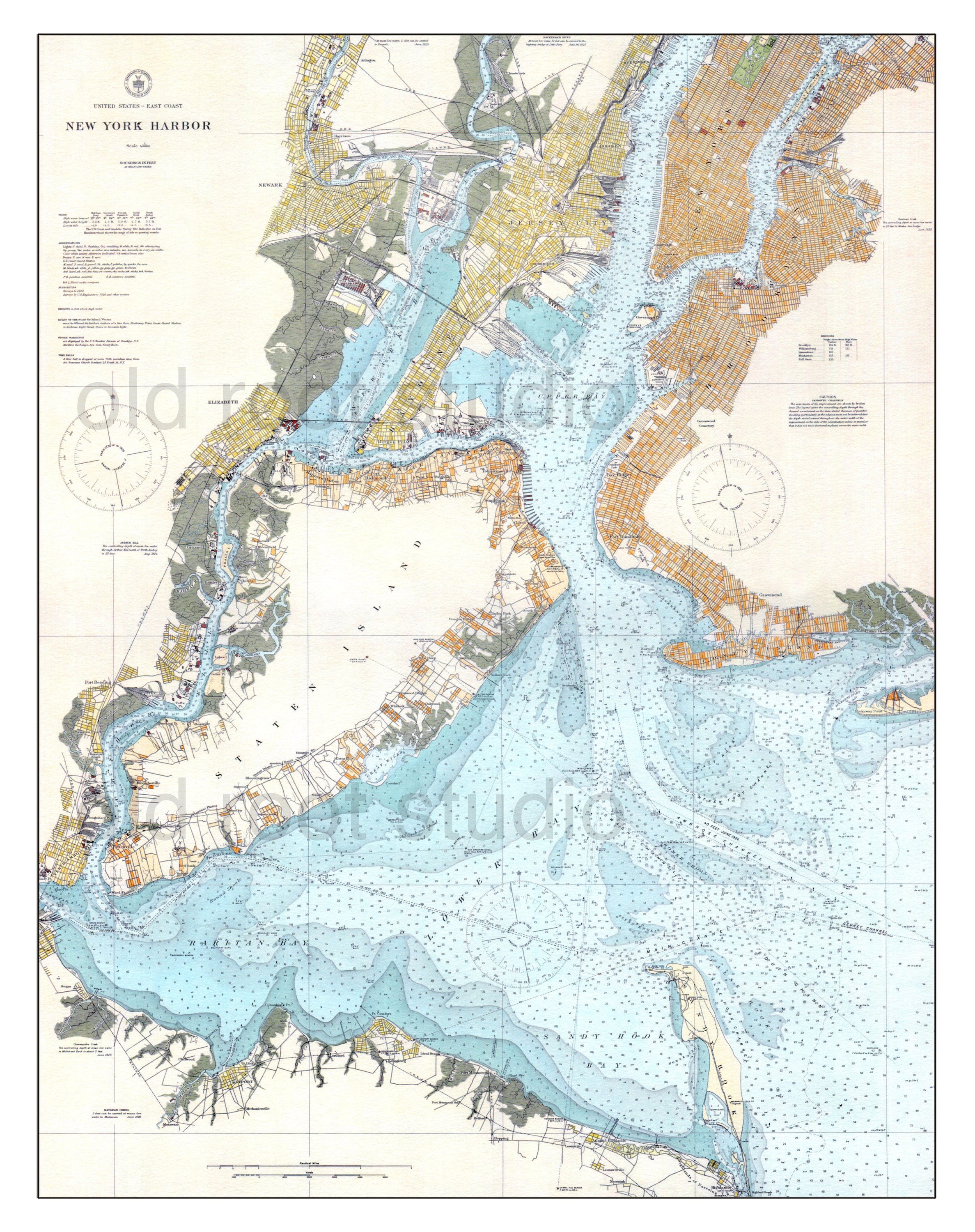 Hand Painted Map of the New York Harbor, 1925