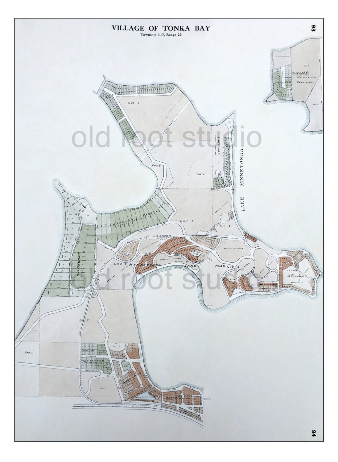 Hand Painted Map of Lake and Tonka Bay, 1913 / Vintage