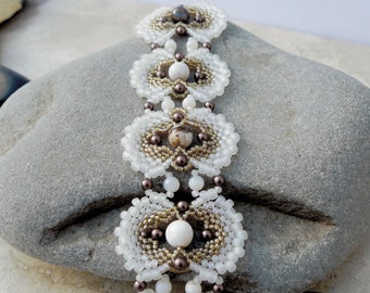 Bracelet with Broiche Agate, Moonstone and Antique German Pearls are Hand Woven with Miyuki Beads / Abalone Button Clasp / Vintage Style