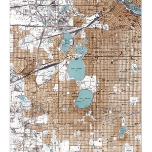 Handgeschilderde kaart van South Minneapolis, 1952 / vintage kaart van Minneapolis / kaartkunst van Minneapolis / Minneapolis Lakes / Calhoun / Harriet / Isles