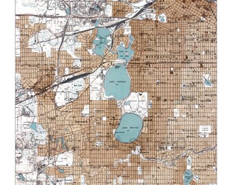 Hand Painted Map of South Minneapolis, 1952 / Vintage Minneapolis Map / Minneapolis Map Art / Minneapolis Lakes / Calhoun / Harriet / Isles