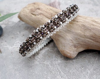 Hand Woven Bracelet with Smokey Quartz Gemstones and Pearl and Mauve Japanese Miyuki Beads / Vintage Styling with Silk Tassel / Art Deco