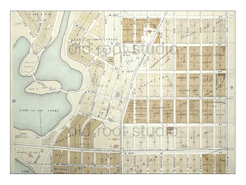 Hand Painted Map of Minneapolis 1903 / Lowry Hill / Uptown / Etsy