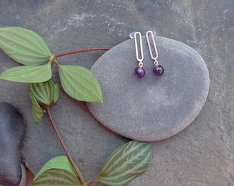Sterling Silver and Amethyst Drop Earrings / 6mm Amethyst / 2.5 drop length / Art Deco / Vintage Style / Mid Century Modern / Antique Style