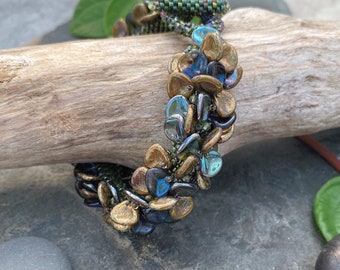 Rose Petal Bracelet;  Hand Woven Czech Glass Iridescent Blue and Bronze Rose Petals with Peridot Gemstones and Miyuki Beads