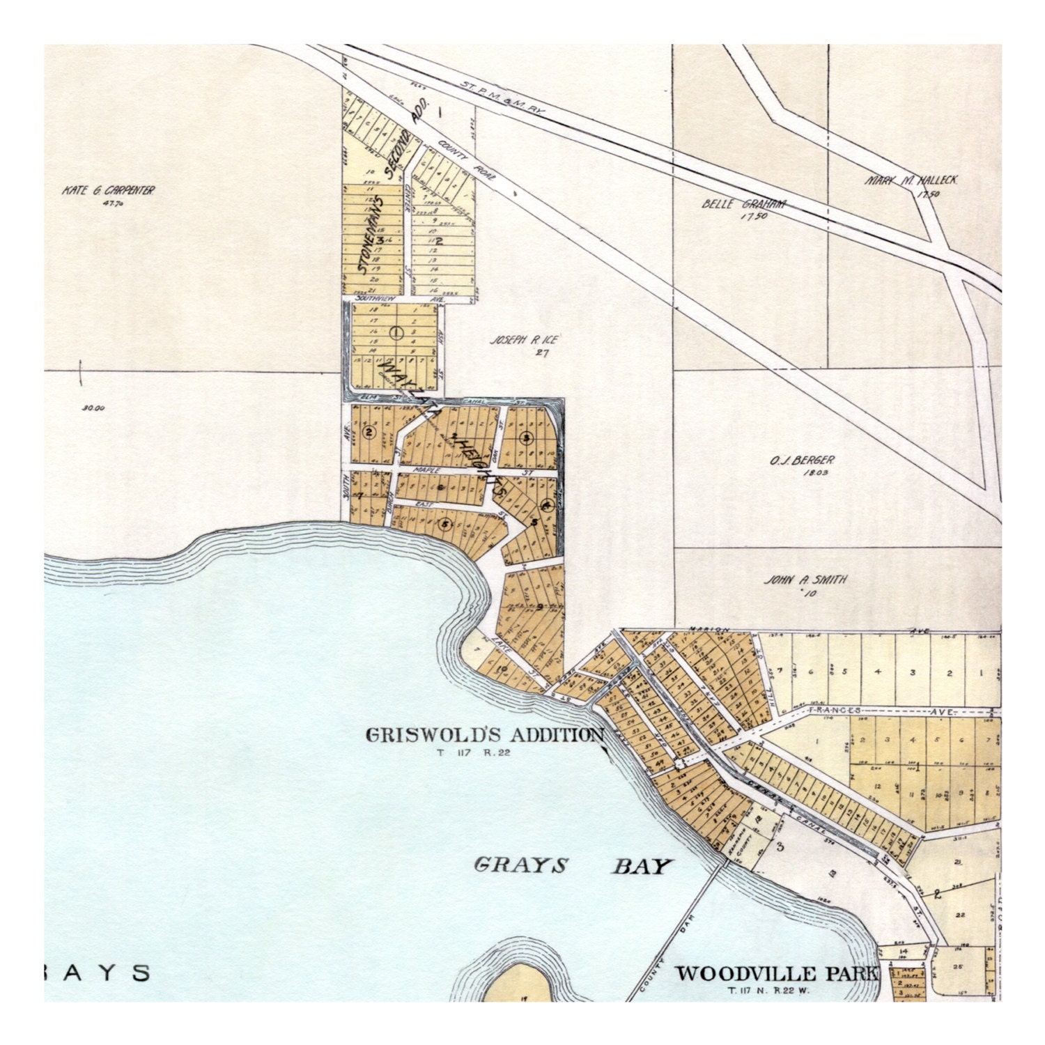 Hand Painted Map of Lake and Gray's Bay, 1913 / Vintage