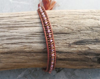 Bracelet with Faceted Amethyst Gemstones and Miyuki Beads, Copper leather and Sliding Adjustable Clasp, Vintage Style with Silk Tassel