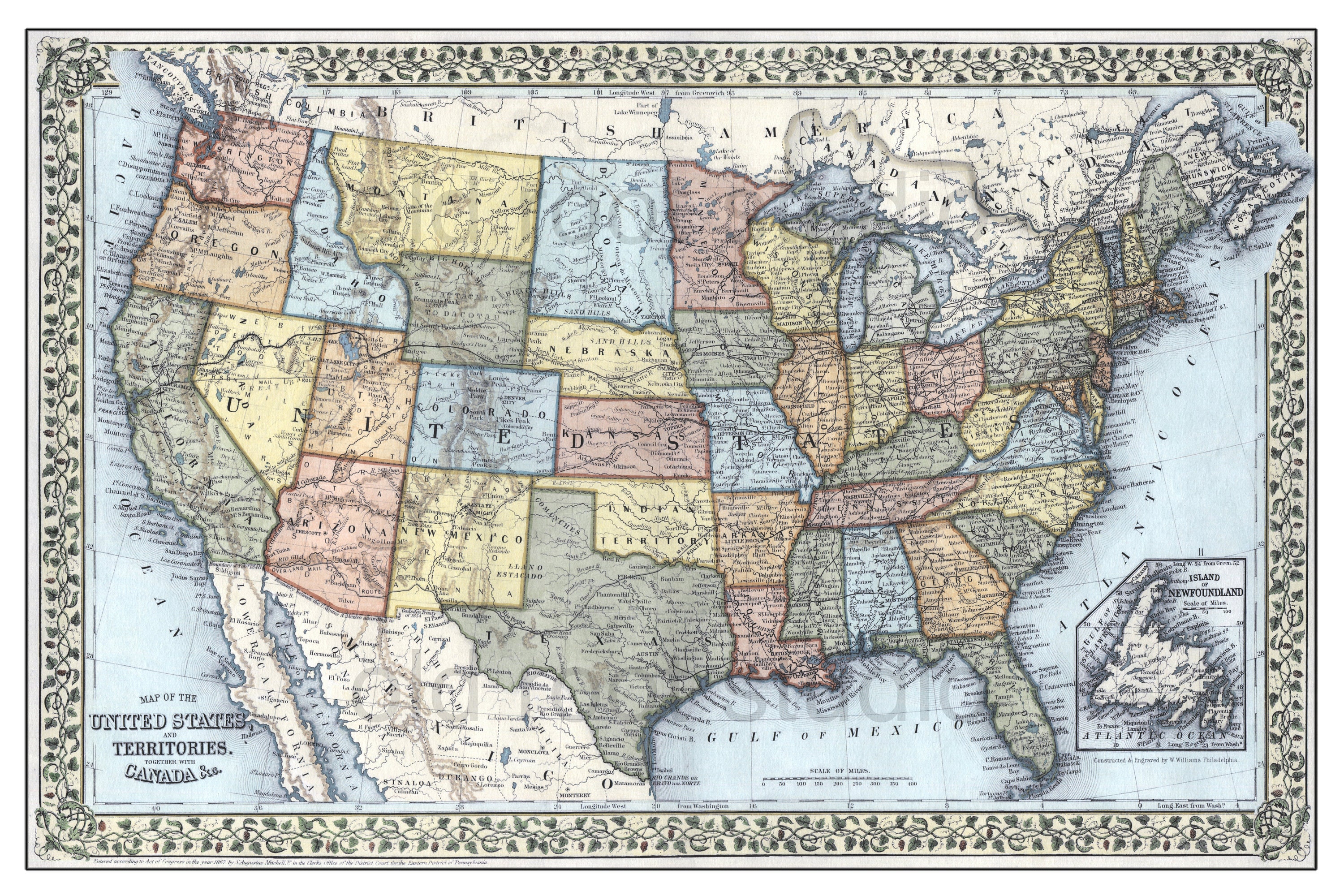 Hand Painted Map of the USA 1867 - Il Fullxfull.3608294526 4d33 