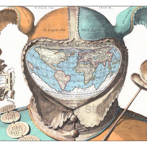 Mapa del mundo pintado a mano con la inscripción "Gorra de bufón", alrededor de 1590 / Mapa antiguo del mundo / Mapa inusual del mundo / Mapa único del mundo