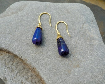 Lapis Lazuli and Gold Plated Sterling Silver Drop Earrings / 8x15mm Lapis Lazuli / Blue & Gold Earrings / Lapis Earrings / Classic Style