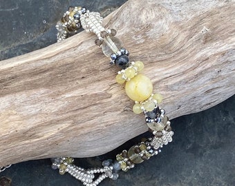 Hand Woven Bracelet with Golden Jade, Labradorite, Citrine, Smokey Quartz, Golden Sapphire and Miyuki Beads with Sterling Silver Clasp
