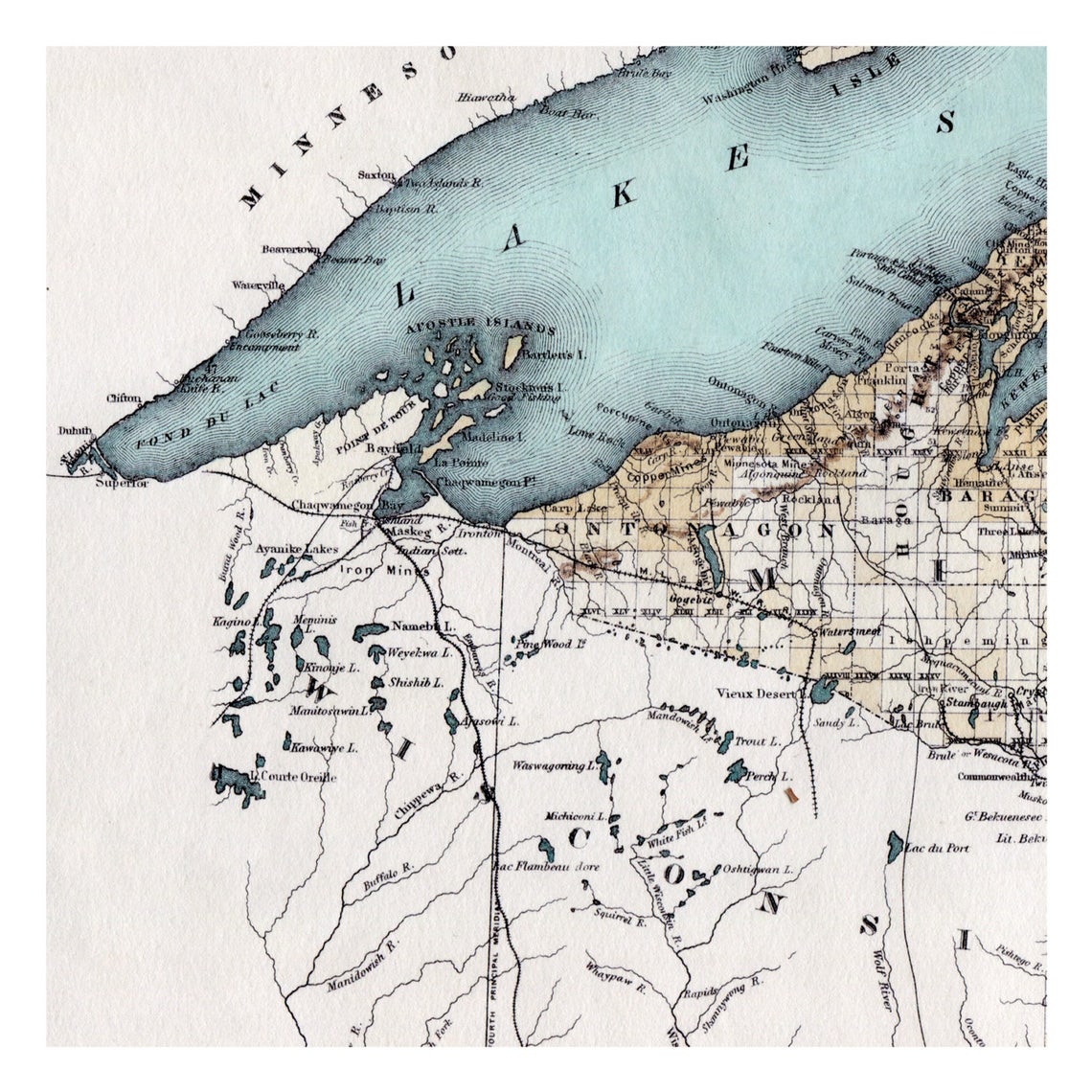 Hand Painted Map of Lake Superior 1885 / Vintage Superior / Old