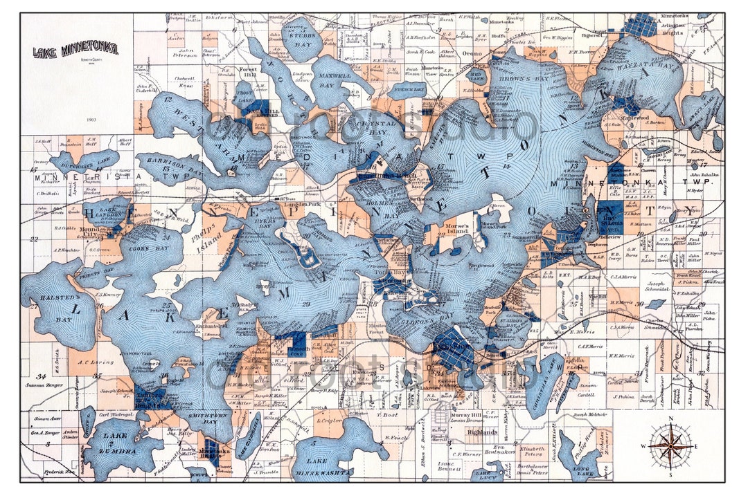 Hand Painted Map of Lake 1903 / Vintage Map