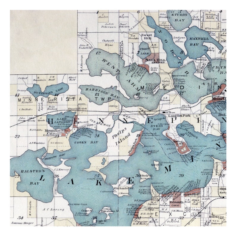 Hand Painted Map of Lake Minnetonka 1903 / Vintage ...