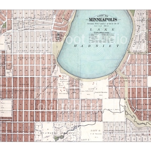 Handgeschilderde kaart van Minneapolis, Lake Harriet, 1892 / Lynnhurst / Fulton / Linden Hills / Vintage kaart van Minneapolis / Minneapolis Lakes