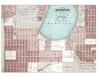 Hand Painted Map of Minneapolis, Lake Harriet, 1892 / Lynnhurst / Fulton / Linden Hills / Vintage Minneapolis Map / Minneapolis Lakes