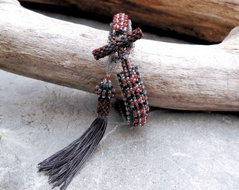 Hand Woven Bracelet with Natural Red Carnelian Gemstones and Gray Japanese Miyuki Beads / Vintage Styling with Silk Tassel / Art Deco