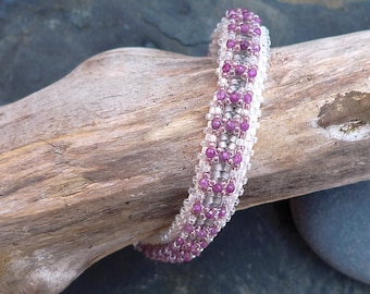 Hand Woven Bracelet with Ruby Precious Gemstones and Pearl White Japanese Miyuki Beads / Vintage Styling / Art Deco
