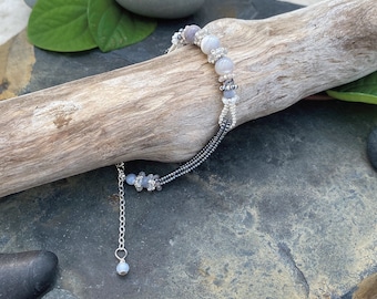 Hand Woven Bracelet with Mother of Pearl, Moonstones, Labradorite, Terahertz, Miyuki Beads and Sterling Silver Clasp / Vintage Styling