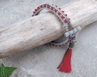 Hand Woven Bracelet with Faceted Carnelian Gemstones and Silver-Gray Japanese Miyuki Beads / Vintage Styling with Silk Tassel / Art Deco
