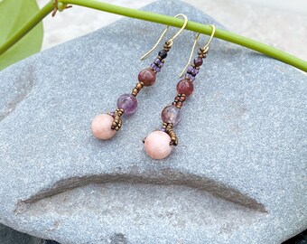 Earrings with Rose Onyx, Amethyst, Hessonite Garnet, Red Garnet and Japanese Miyuki Beads / Gold-filled French Wires, Vintage Style