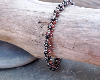 Hand Woven Bracelet with Black Spinel Gemstones, Deep Red Jasper and Japanese Miyuki Beads / Sterling Silver / Vintage Styling / Art Deco