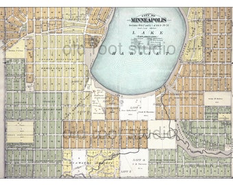 Hand Painted Map of Minneapolis, 1892 / Lake Harriet / Minneapolis Lakes / Map Minneapolis / Vintage Minneapolis / Linden Hills / Lynnhurst