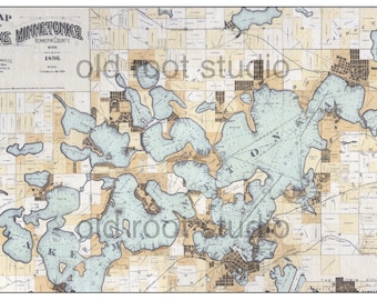 Hand Painted Map of Lake Minnetonka, 1896 / George Cooley Map / Vintage Minnetonka Map / Antique Minnetonka Map  Map Art  Old Map Minnetonka