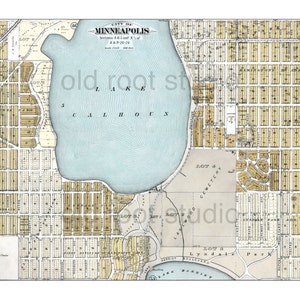 Handgeschilderde kaart van Minneapolis, 1892 / Lake Calhoun / Linden Hills / Lake Harriet / Lakewood / Vintage Minneapolis / kaartkunst van Minneapolis