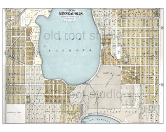 Hand Painted Map of Minneapolis, 1892 / Lake Calhoun / Linden Hills / Lake Harriet / Lakewood / Vintage Minneapolis / Minneapolis Map Art