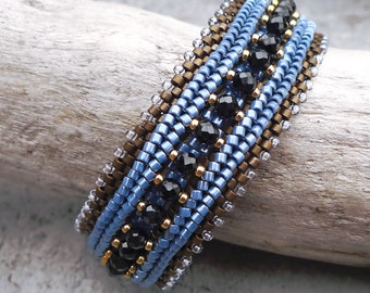 Hand Woven Bracelet with Natural Spinel Gemstones and Blue and Bronze Japanese Miyuki Beads / Vintage Styling / Antique Style / Art Deco
