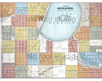 Hand Painted Map of Minneapolis, 1892 / Lake Harriet / Linden Hills / Lynnhurst / Fulton / Minneapolis Lakes / Old Map Minneapolis / Vintage