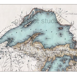 Handgeschilderde kaart van Lake Superior 1885 / Vintage Superior / oude Superior kaart / Minnesota / Michigan / Ontario / North Shore / South Shore
