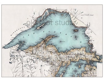 Hand Painted Map of Lake Superior 1885 / Vintage Superior / Old Superior Map / Minnesota / Michigan / Ontario / North Shore / South Shore