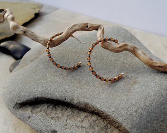 Sterling Silver Hoop Earrings with Hessonite Garnet Gemstones and Japanese Miyuki Beads, 1 inch diameter hoop