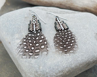 Natural Feather Earrings with Miyuki Beads and Antique Silver Ear Wire / Lightweight Earrings / Black Gray White Earrings / Boho Style