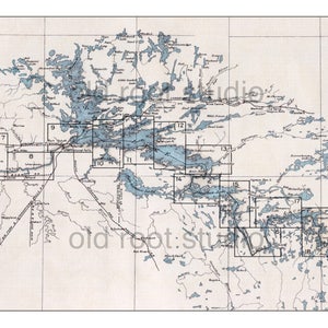Handgeschilderde kaart van het kanogebied van de grenswateren, Rainy Lake, Noord-Minnesota, 1930 / Vintage BWCA / oude BWCA-kaart / kaart Rainy Lake