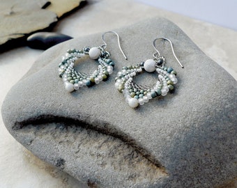 Earrings with Howlite and Czech Pearls are hand woven with Japanese Miyuki Beads in a vintage style, Antiqued silver ear wire